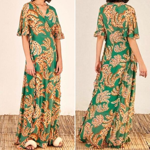 NWT FARM RIO Green Raining Bananas Maxi Wrap Dress L - Picture 1 of 7